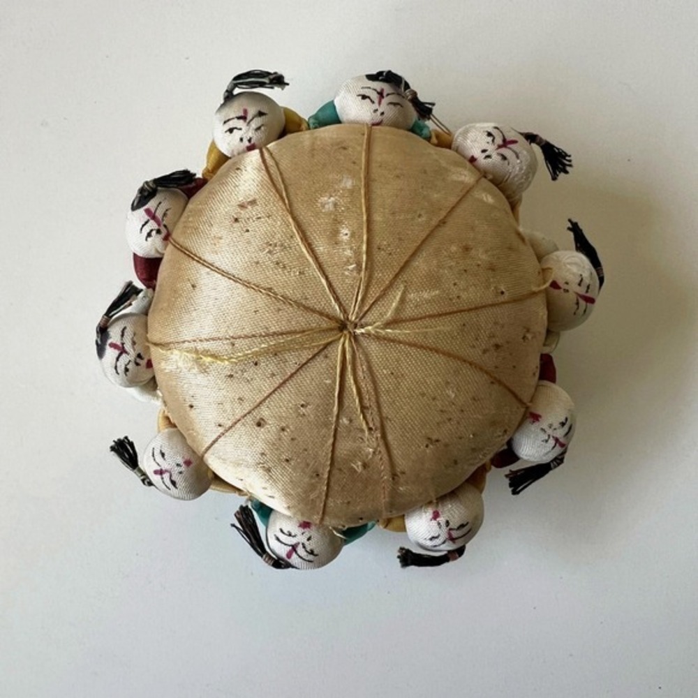 Vintage Chinese Silk Doll Pincushion 10 Figure Handmade Folk Art Sewing Cushion